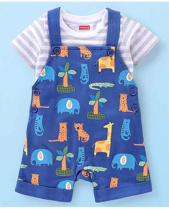 Babyhug Cotton Knit Wild Animal Print Knee length Dungaree with Half Sleeves Stripe Inner Tee - Grey & Blue