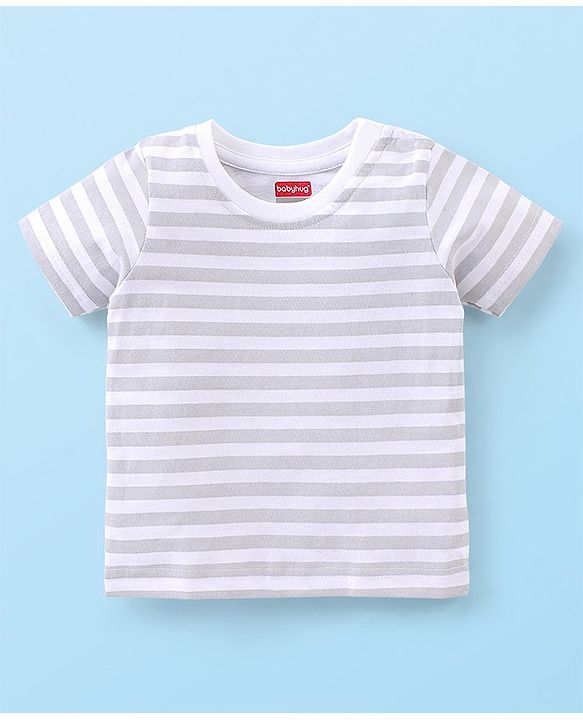 Babyhug Cotton Knit Wild Animal Print Knee length Dungaree with Half Sleeves Stripe Inner Tee - Grey & Blue
