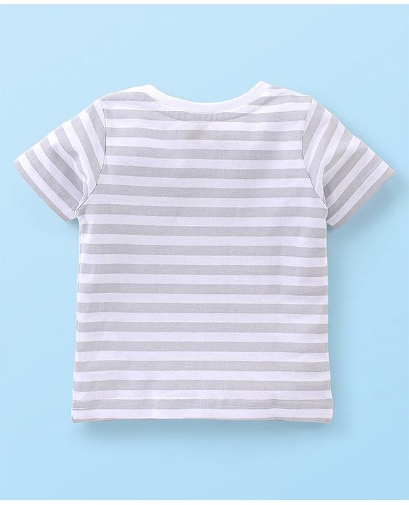 Babyhug Cotton Knit Wild Animal Print Knee length Dungaree with Half Sleeves Stripe Inner Tee - Grey & Blue