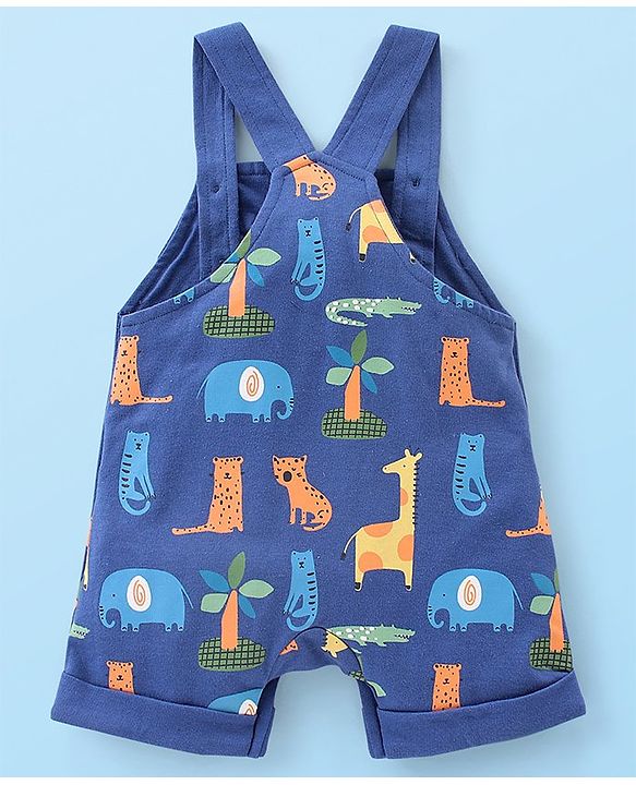 Babyhug Cotton Knit Wild Animal Print Knee length Dungaree with Half Sleeves Stripe Inner Tee - Grey & Blue