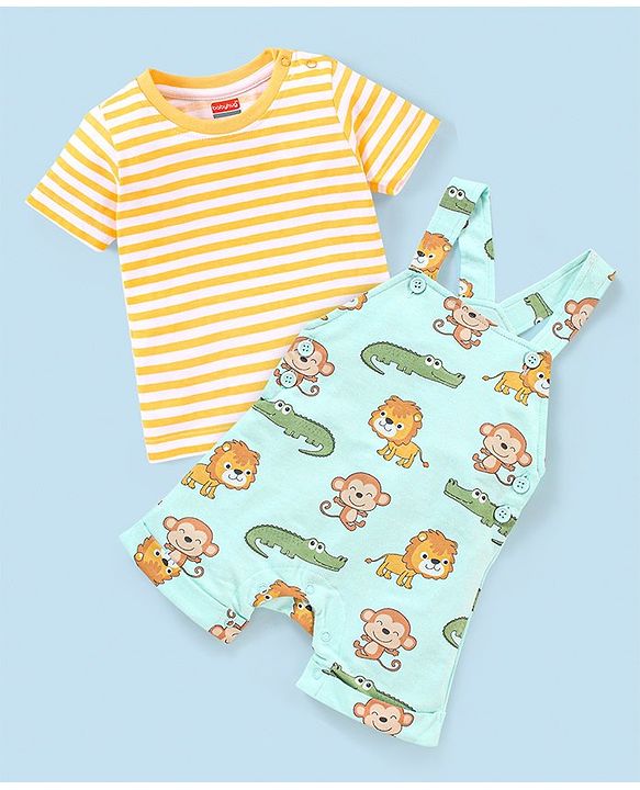 Babyhug 100% Cotton Knit Dungaree and Half Sleeves T-Shirt Set Stripes & Lion Print - Yellow & Light Blue