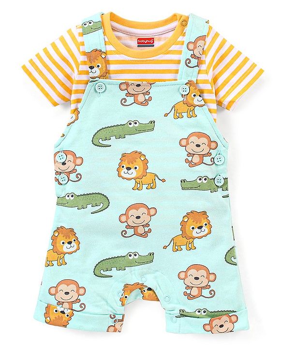 Babyhug 100% Cotton Knit Dungaree and Half Sleeves T-Shirt Set Stripes & Lion Print - Yellow & Light Blue