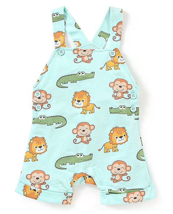 Babyhug 100% Cotton Knit Dungaree and Half Sleeves T-Shirt Set Stripes & Lion Print - Yellow & Light Blue