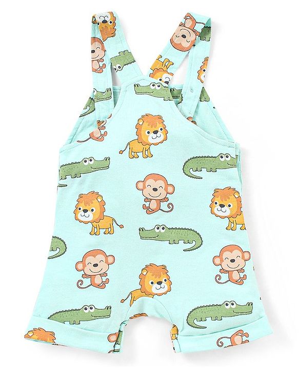 Babyhug 100% Cotton Knit Dungaree and Half Sleeves T-Shirt Set Stripes & Lion Print - Yellow & Light Blue