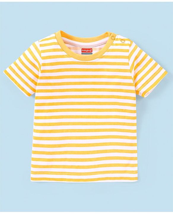 Babyhug 100% Cotton Knit Dungaree and Half Sleeves T-Shirt Set Stripes & Lion Print - Yellow & Light Blue