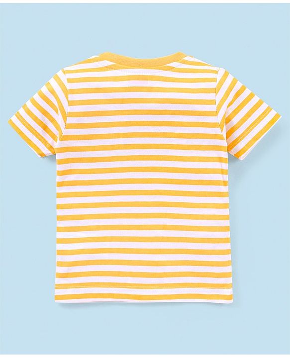 Babyhug 100% Cotton Knit Dungaree and Half Sleeves T-Shirt Set Stripes & Lion Print - Yellow & Light Blue