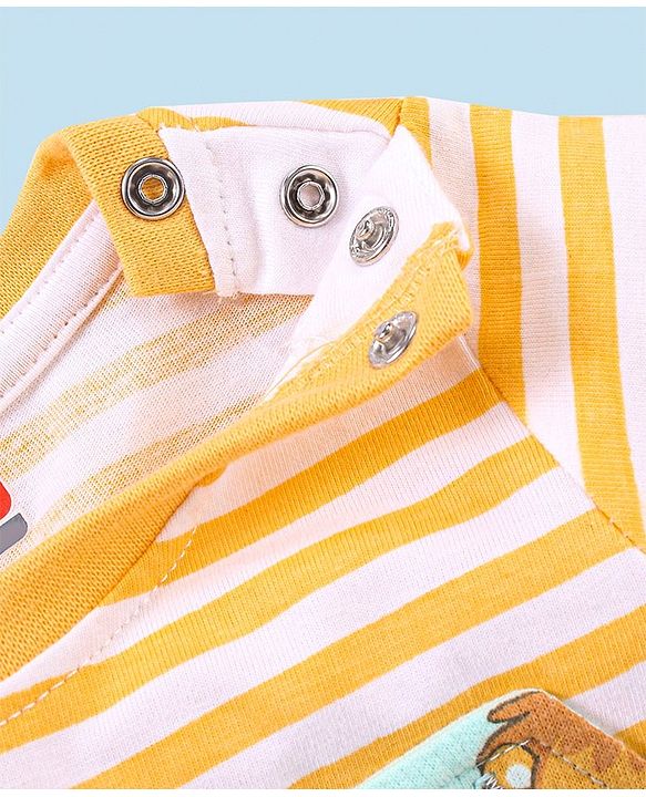 Babyhug 100% Cotton Knit Dungaree and Half Sleeves T-Shirt Set Stripes & Lion Print - Yellow & Light Blue