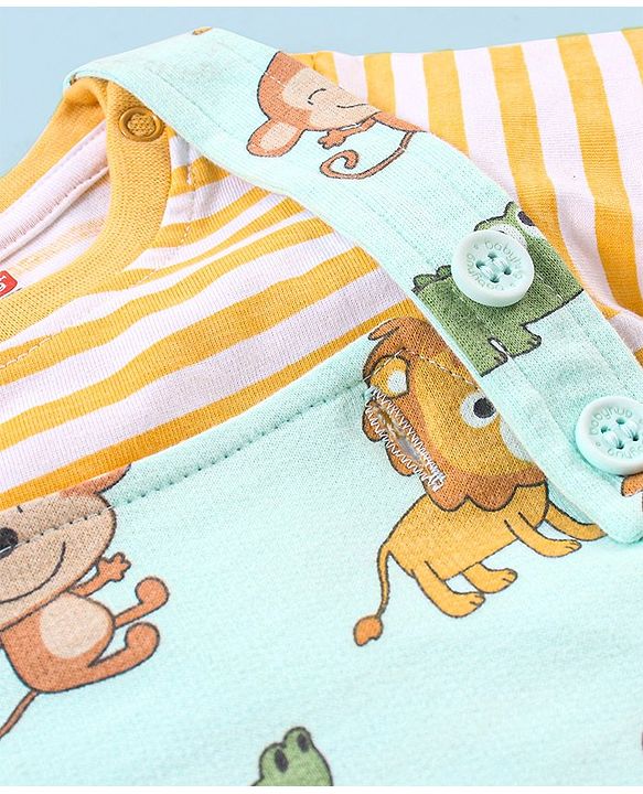 Babyhug 100% Cotton Knit Dungaree and Half Sleeves T-Shirt Set Stripes & Lion Print - Yellow & Light Blue