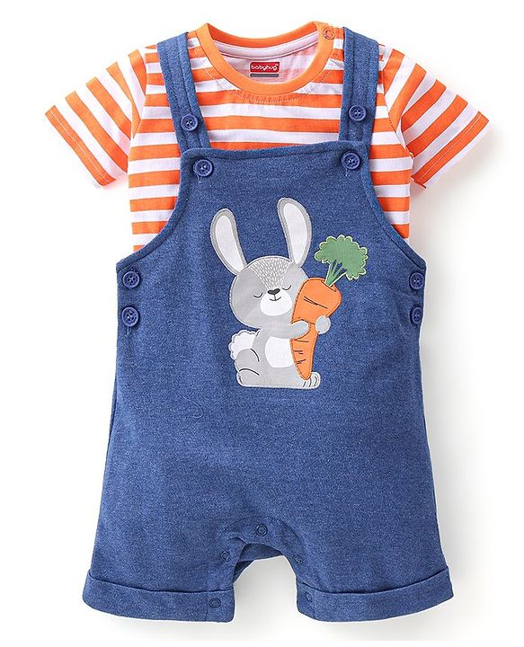 Babyhug 100% Cotton Half Sleeves Striped Inner Tee with Dungaree - Blue & Orange