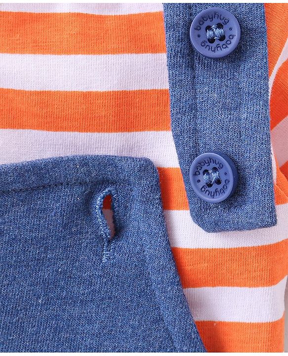 Babyhug 100% Cotton Half Sleeves Striped Inner Tee with Dungaree - Blue & Orange