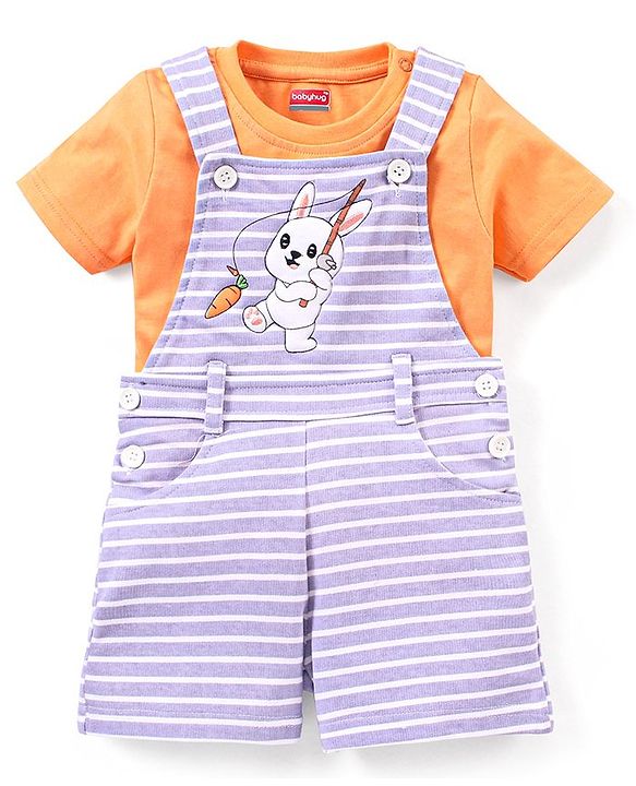Babyhug 100% Cotton Knit Dungaree and Half Sleeves T-Shirt Set Stripes & Bunny Print - Orange & Purple