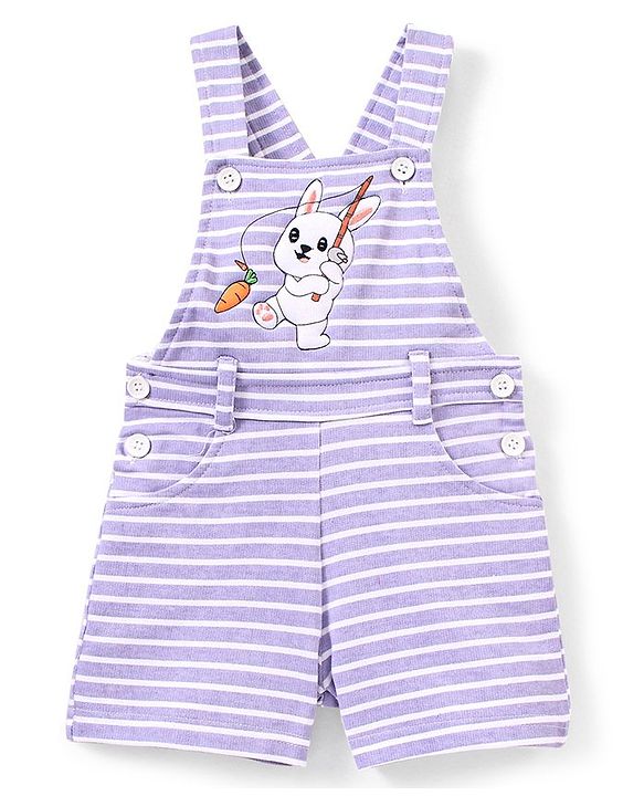 Babyhug 100% Cotton Knit Dungaree and Half Sleeves T-Shirt Set Stripes & Bunny Print - Orange & Purple