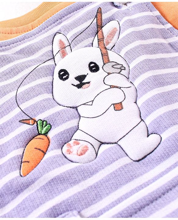 Babyhug 100% Cotton Knit Dungaree and Half Sleeves T-Shirt Set Stripes & Bunny Print - Orange & Purple