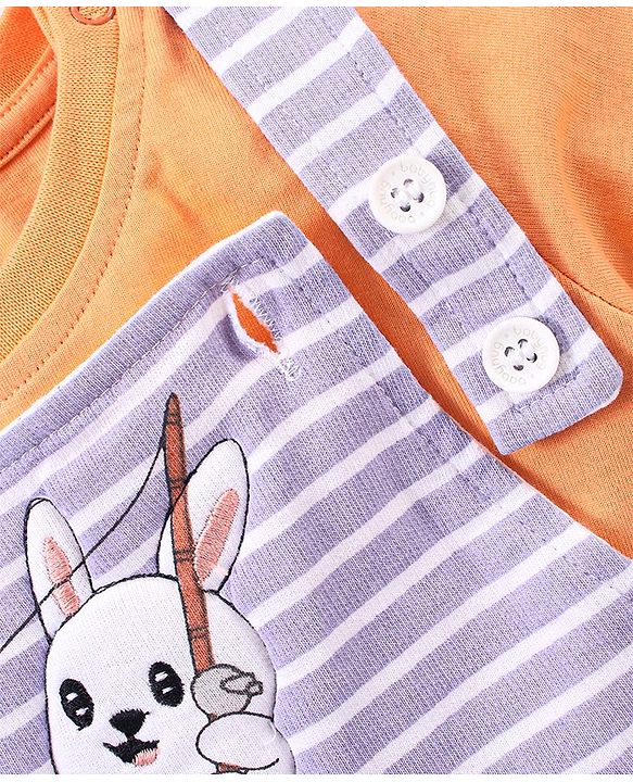 Babyhug 100% Cotton Knit Dungaree and Half Sleeves T-Shirt Set Stripes & Bunny Print - Orange & Purple