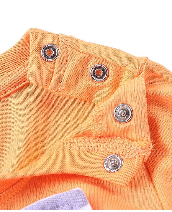 Babyhug 100% Cotton Knit Dungaree and Half Sleeves T-Shirt Set Stripes & Bunny Print - Orange & Purple