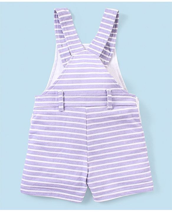Babyhug 100% Cotton Knit Dungaree and Half Sleeves T-Shirt Set Stripes & Bunny Print - Orange & Purple