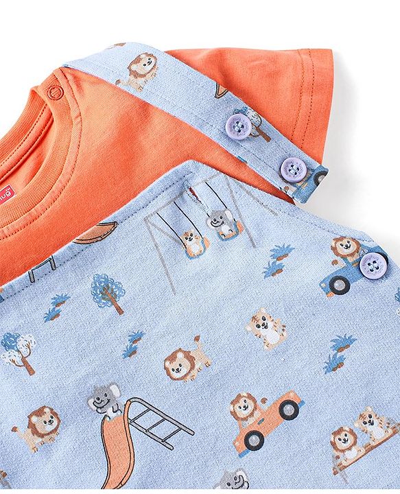 Babyhug 100% Cotton Knit Wild Animals Printed Dungaree with Half Sleeves Solid Colour T-Shirt Set - Orange & Light Blue