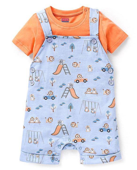 Babyhug 100% Cotton Knit Wild Animals Printed Dungaree with Half Sleeves Solid Colour T-Shirt Set - Orange & Light Blue