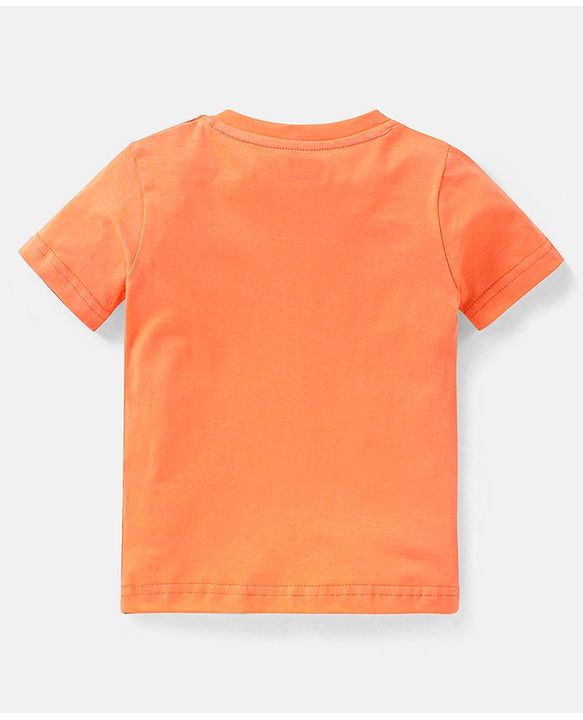 Babyhug 100% Cotton Knit Wild Animals Printed Dungaree with Half Sleeves Solid Colour T-Shirt Set - Orange & Light Blue