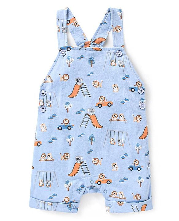 Babyhug 100% Cotton Knit Wild Animals Printed Dungaree with Half Sleeves Solid Colour T-Shirt Set - Orange & Light Blue