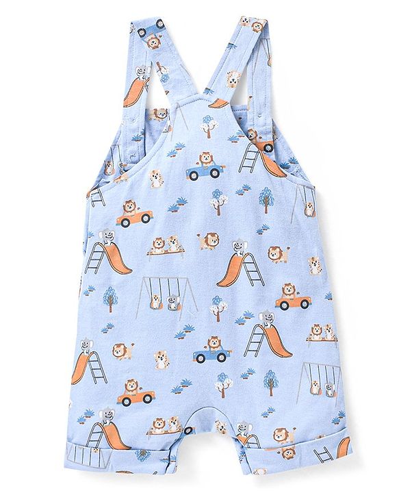 Babyhug 100% Cotton Knit Wild Animals Printed Dungaree with Half Sleeves Solid Colour T-Shirt Set - Orange & Light Blue