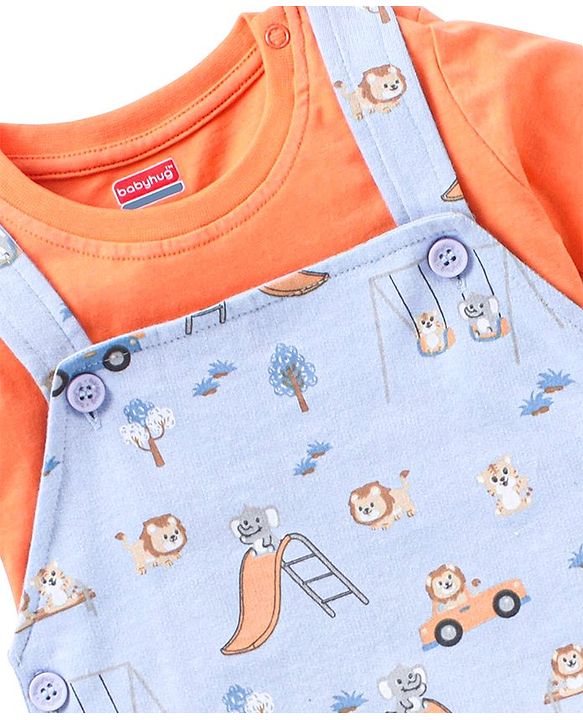 Babyhug 100% Cotton Knit Wild Animals Printed Dungaree with Half Sleeves Solid Colour T-Shirt Set - Orange & Light Blue