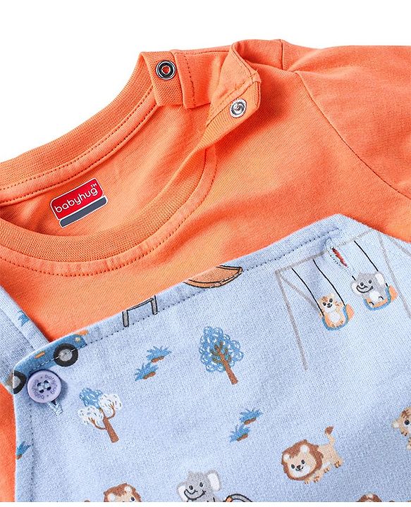 Babyhug 100% Cotton Knit Wild Animals Printed Dungaree with Half Sleeves Solid Colour T-Shirt Set - Orange & Light Blue