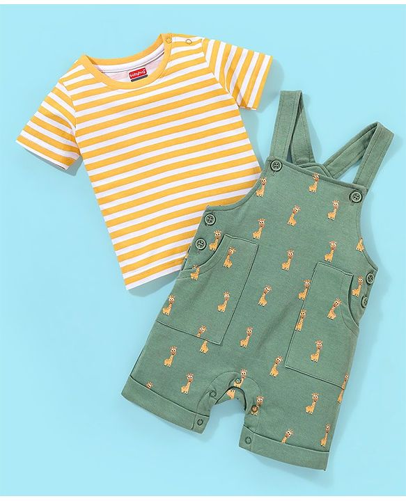 Babyhug 100% Cotton Knit Giraffe Printed Dungaree with Half Sleeves Striped T-Shirt - Yellow & Green