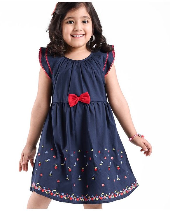 Babyhug Rayon Short Sleeves Dobby Frock With Floral Embroidery & Bow Applique- Navy Blue