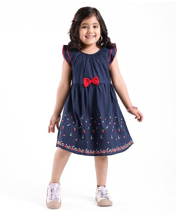Babyhug Rayon Short Sleeves Dobby Frock With Floral Embroidery & Bow Applique- Navy Blue