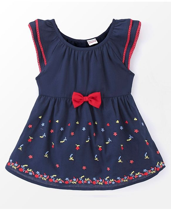 Babyhug Rayon Short Sleeves Dobby Frock With Floral Embroidery & Bow Applique- Navy Blue