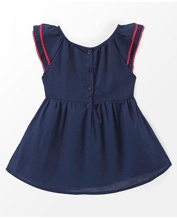 Babyhug Rayon Short Sleeves Dobby Frock With Floral Embroidery & Bow Applique- Navy Blue