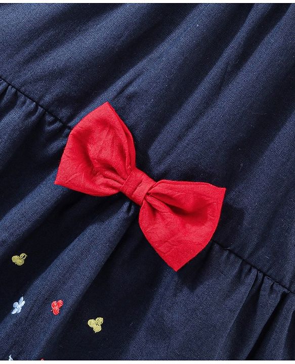 Babyhug Rayon Short Sleeves Dobby Frock With Floral Embroidery & Bow Applique- Navy Blue