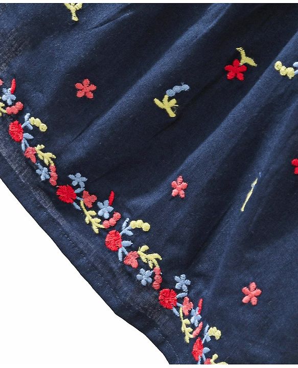 Babyhug Rayon Short Sleeves Dobby Frock With Floral Embroidery & Bow Applique- Navy Blue