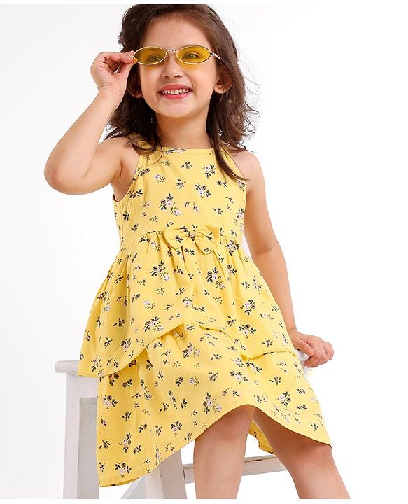 Babyhug Rayon Sleeveless Fit And Flare Frock With Bow Applique Floral Print- Yellow