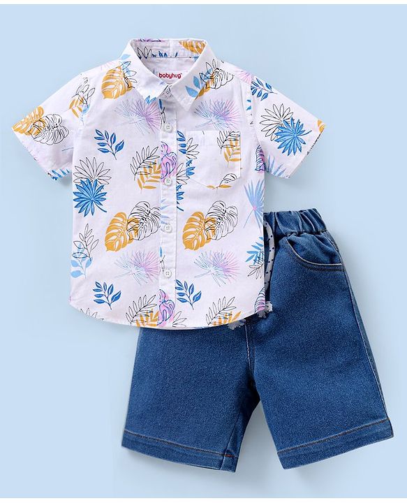 Babyhug Cotton Woven Half Sleeves Shirt & Denim Shorts Set Leaves Print - White & Blue