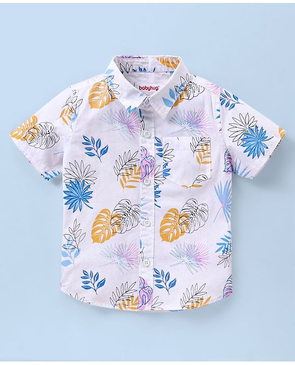 Babyhug Cotton Woven Half Sleeves Shirt & Denim Shorts Set Leaves Print - White & Blue