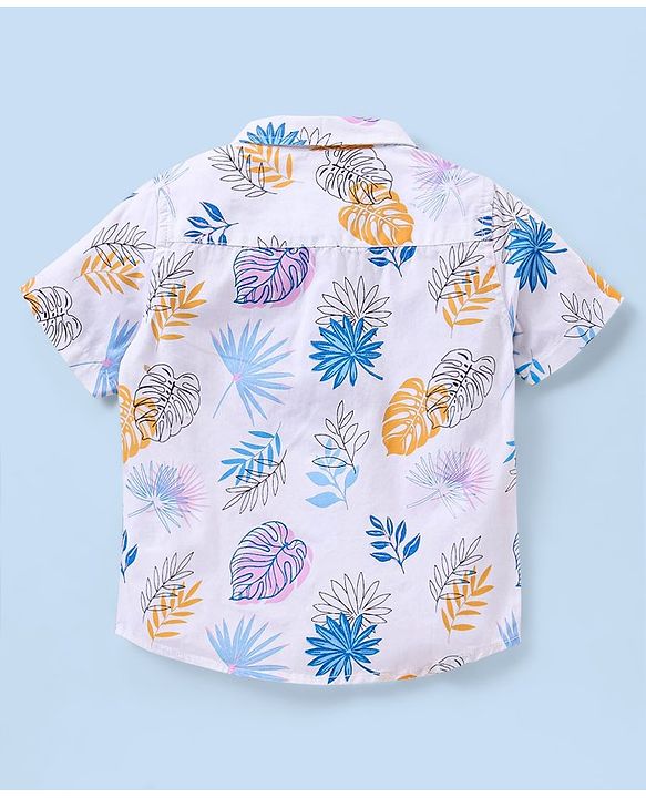 Babyhug Cotton Woven Half Sleeves Shirt & Denim Shorts Set Leaves Print - White & Blue