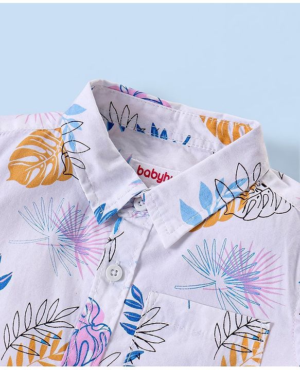 Babyhug Cotton Woven Half Sleeves Shirt & Denim Shorts Set Leaves Print - White & Blue