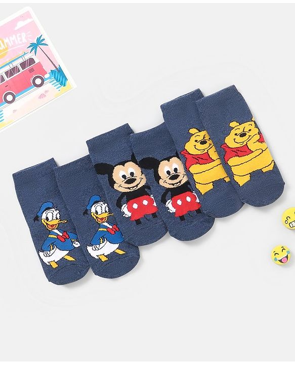 Cutewalk By Babyhug Anti Bacterial Ankle Length Non Terry Socks Mickey Mouse Design Pack of 3 - Navy Blue