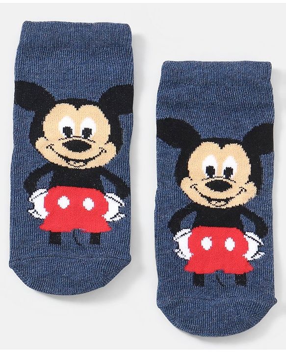 Cutewalk By Babyhug Anti Bacterial Ankle Length Non Terry Socks Mickey Mouse Design Pack of 3 - Navy Blue