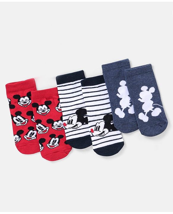 Cutewalk By Babyhug Anti Bacterial Ankle Length Non Terry Socks Mickey Mouse Design Pack of 3 - Red