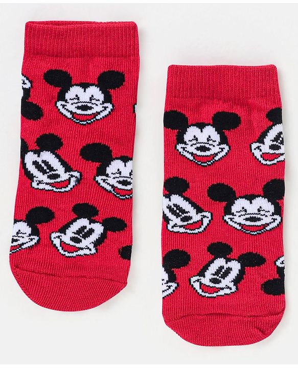 Cutewalk By Babyhug Anti Bacterial Ankle Length Non Terry Socks Mickey Mouse Design Pack of 3 - Red