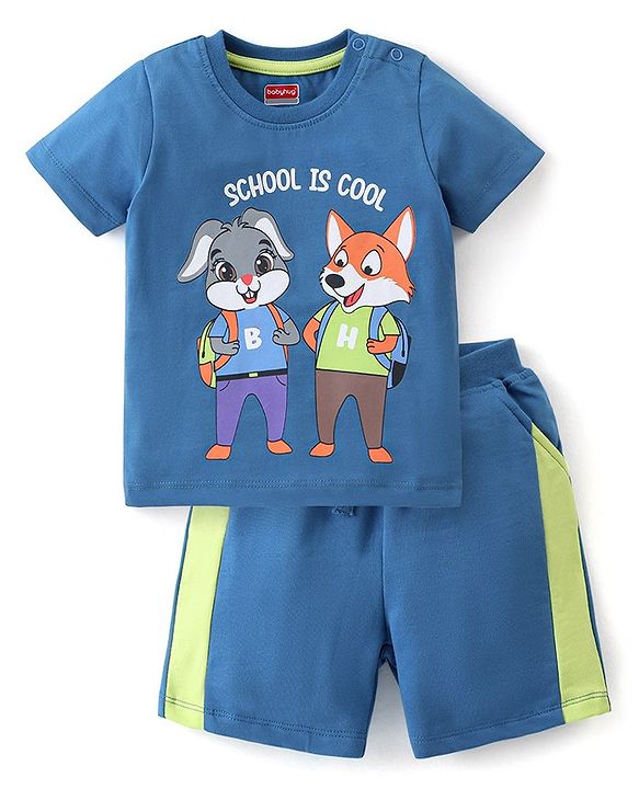 Babyhug 100% Cotton Knit Half Sleeves T-Shirt & Shorts Set Bunny Print - Blue