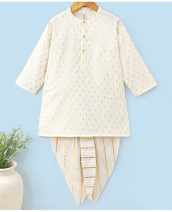 Babyhug Boys Three Fourth Sleeve Chanderi Butti Kurta With Lurex Stipe Dobby Dhoti - Off White
