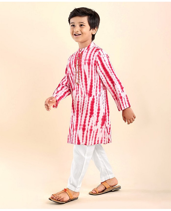 Babyhug Woven Full Sleeves Mandarin Collar Kurta & Pajama Set with Tie Dye Print - Red & White