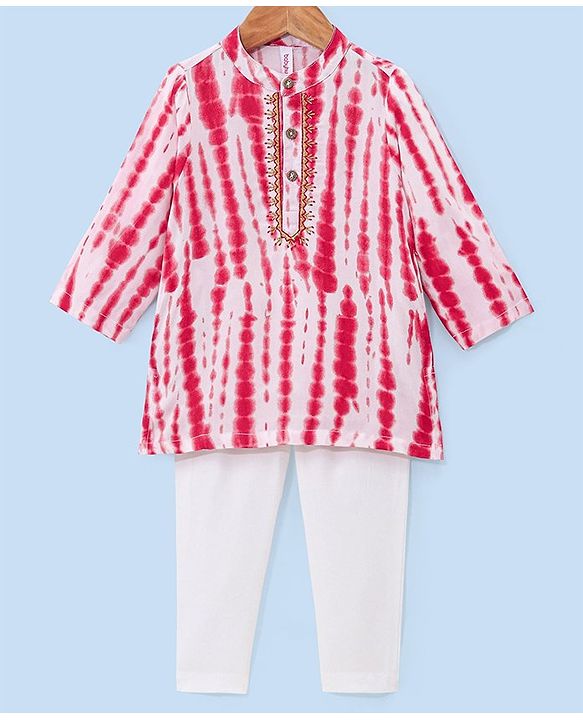 Babyhug Woven Full Sleeves Mandarin Collar Kurta & Pajama Set with Tie Dye Print - Red & White