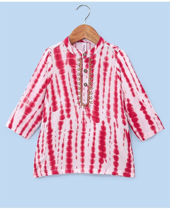 Babyhug Woven Full Sleeves Mandarin Collar Kurta & Pajama Set with Tie Dye Print - Red & White