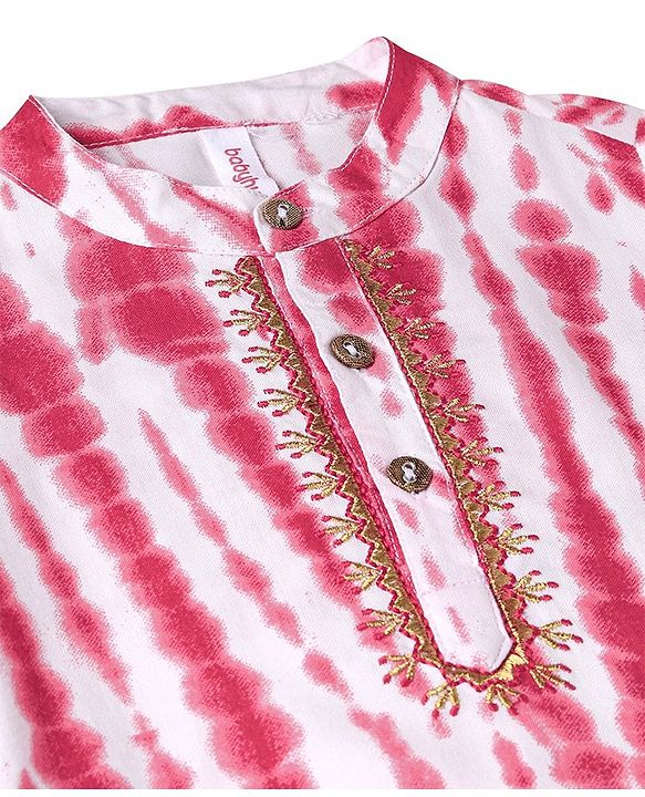 Babyhug Woven Full Sleeves Mandarin Collar Kurta & Pajama Set with Tie Dye Print - Red & White