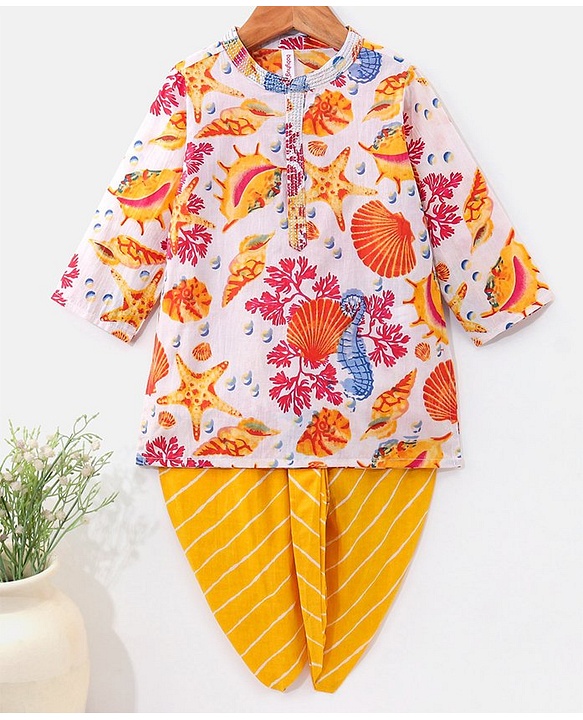Babyhug 100% Cotton Full Sleeves Kurta & Dhoti Set Ethnic Print - Yellow